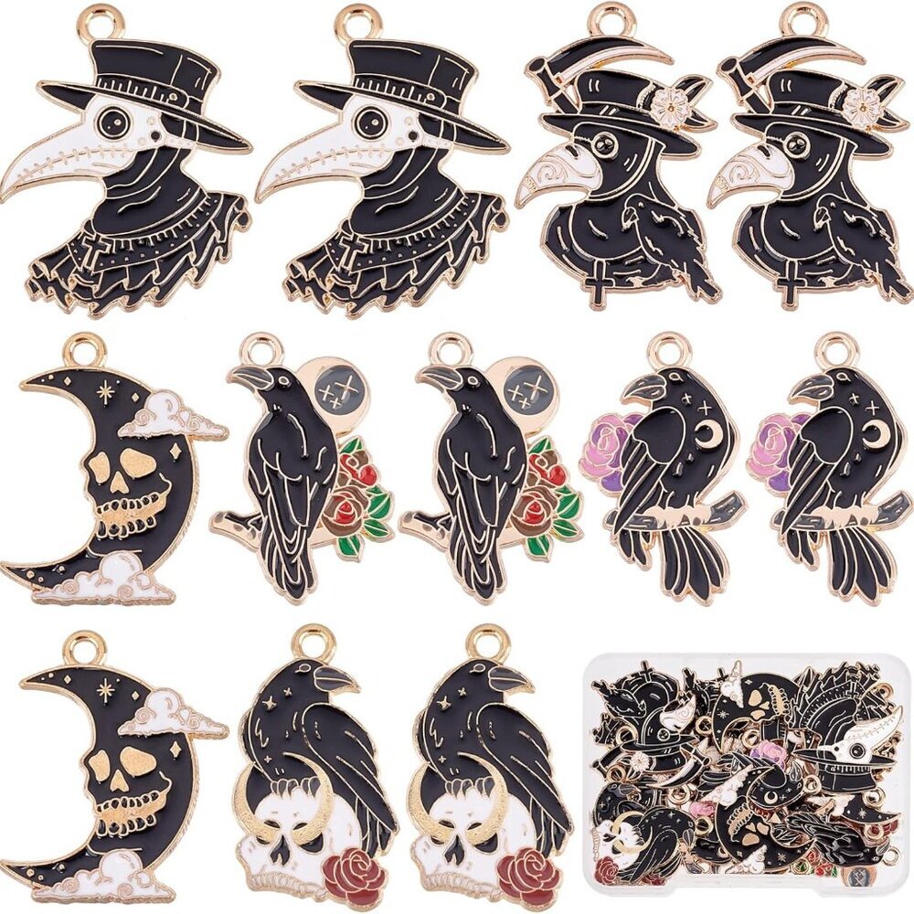 1 Box 24Pcs 6 Styles Halloween Charms Gothic Black Raven Charms Bulk Moon Skull
